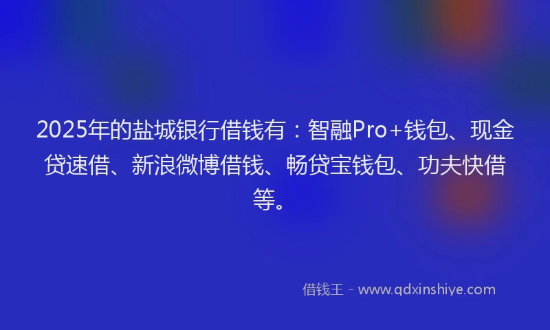 2025年的盐城银行借钱有：智融Pro+钱包、现金贷速借、新浪微博借钱、畅贷宝钱包、功夫快借等。