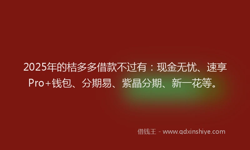 2025年的桔多多借款不过有：现金无忧、速享Pro+钱包、分期易、紫晶分期、新一花等。