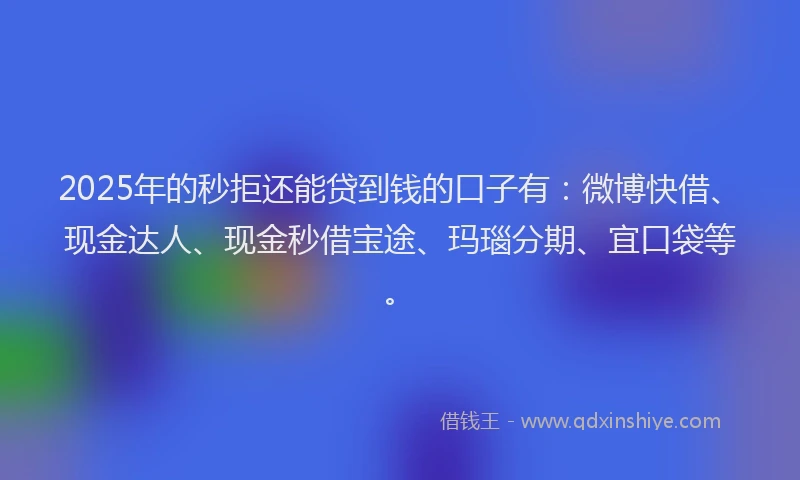 2025年的秒拒还能贷到钱的口子有：微博快借、现金达人、现金秒借宝途、玛瑙分期、宜口袋等。