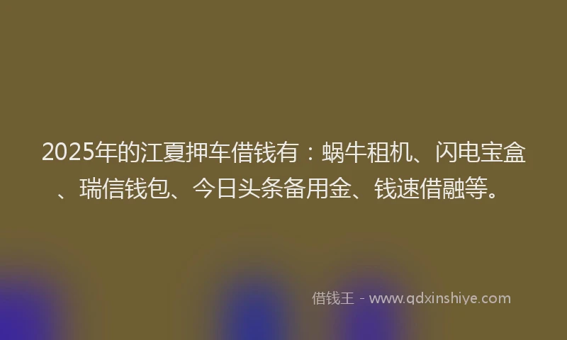 2025年的江夏押车借钱有：蜗牛租机、闪电宝盒、瑞信钱包、今日头条备用金、钱速借融等。