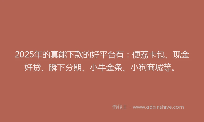 2025年的真能下款的好平台有：便荔卡包、现金好贷、瞬下分期、小牛金条、小狗商城等。