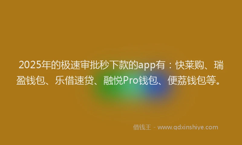 2025年的极速审批秒下款的app有：快莱购、瑞盈钱包、乐借速贷、融悦Pro钱包、便荔钱包等。