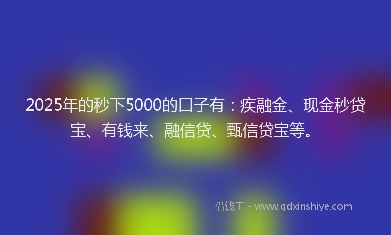 2025年的秒下5000的口子有：疾融金、现金秒贷宝、有钱来、融信贷、甄信贷宝等。