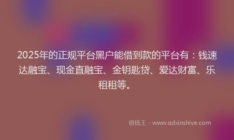 2025年的正规平台黑户能借到款的平台有：钱速达融宝、现金直融宝、金钥匙贷、爱达财富、乐租租等。