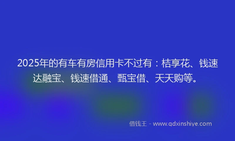 2025年的有车有房信用卡不过有：桔享花、钱速达融宝、钱速借通、甄宝借、天天购等。