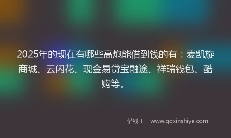 2025年的现在有哪些高炮能借到钱的有：麦凯旋商城、云闪花、现金易贷宝融途、祥瑞钱包、酷购等。