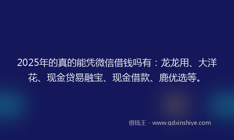 2025年的真的能凭微信借钱吗有：龙龙用、大洋花、现金贷易融宝、现金借款、鹿优选等。