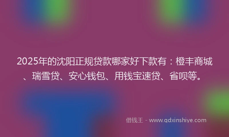 2025年的沈阳正规贷款哪家好下款有：橙丰商城、瑞雪贷、安心钱包、用钱宝速贷、省呗等。