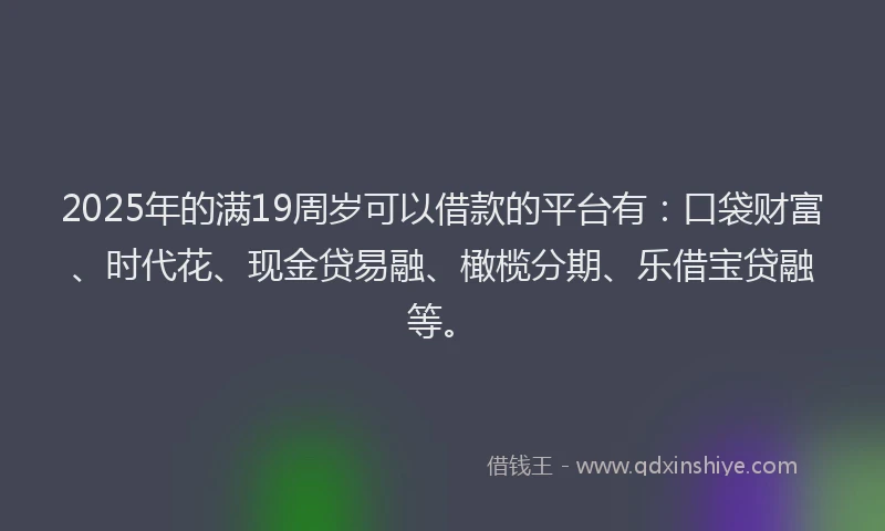 2025年的满19周岁可以借款的平台有：口袋财富、时代花、现金贷易融、橄榄分期、乐借宝贷融等。