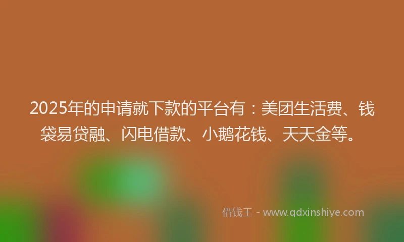 2025年的申请就下款的平台有：美团生活费、钱袋易贷融、闪电借款、小鹅花钱、天天金等。