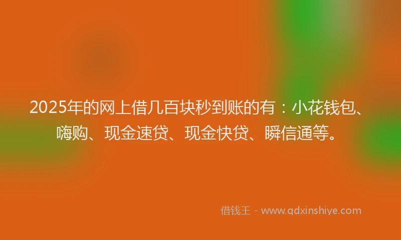 2025年的网上借几百块秒到账的有：小花钱包、嗨购、现金速贷、现金快贷、瞬信通等。