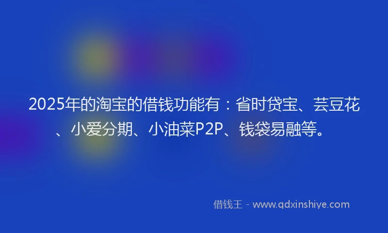2025年的淘宝的借钱功能有：省时贷宝、芸豆花、小爱分期、小油菜P2P、钱袋易融等。