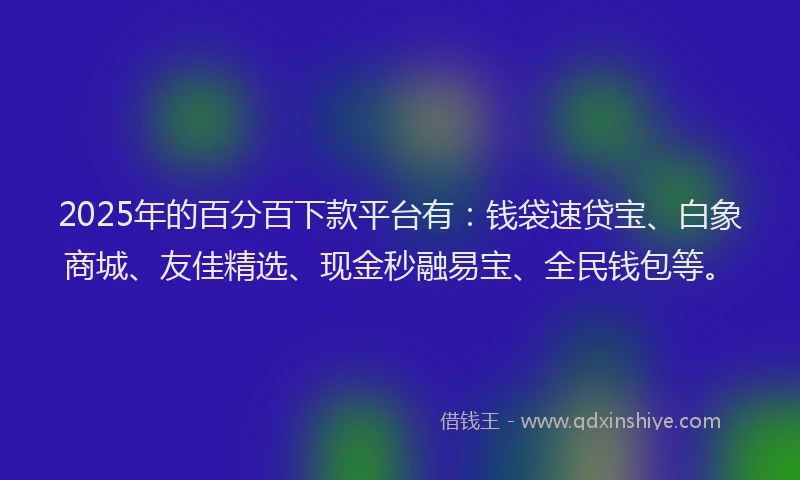 2025年的百分百下款平台有：钱袋速贷宝、白象商城、友佳精选、现金秒融易宝、全民钱包等。