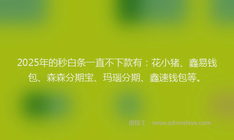 2025年的秒白条一直不下款有：花小猪、鑫易钱包、森森分期宝、玛瑙分期、鑫速钱包等。