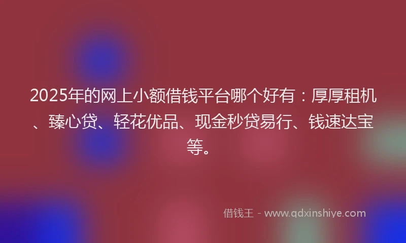 2025年的网上小额借钱平台哪个好有：厚厚租机、臻心贷、轻花优品、现金秒贷易行、钱速达宝等。