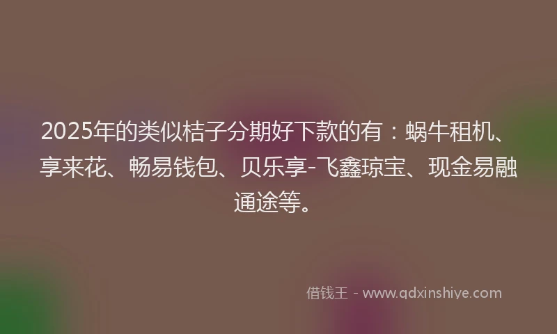 2025年的类似桔子分期好下款的有：蜗牛租机、享来花、畅易钱包、贝乐享-飞鑫琼宝、现金易融通途等。