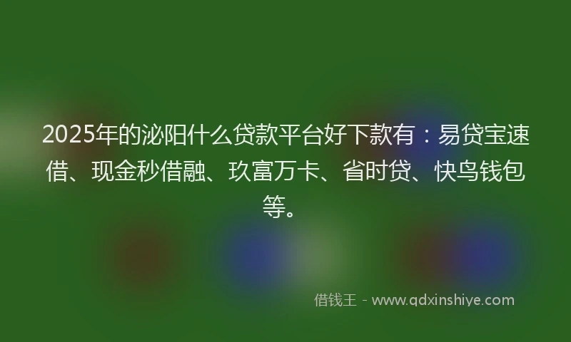 2025年的泌阳什么贷款平台好下款有：易贷宝速借、现金秒借融、玖富万卡、省时贷、快鸟钱包等。