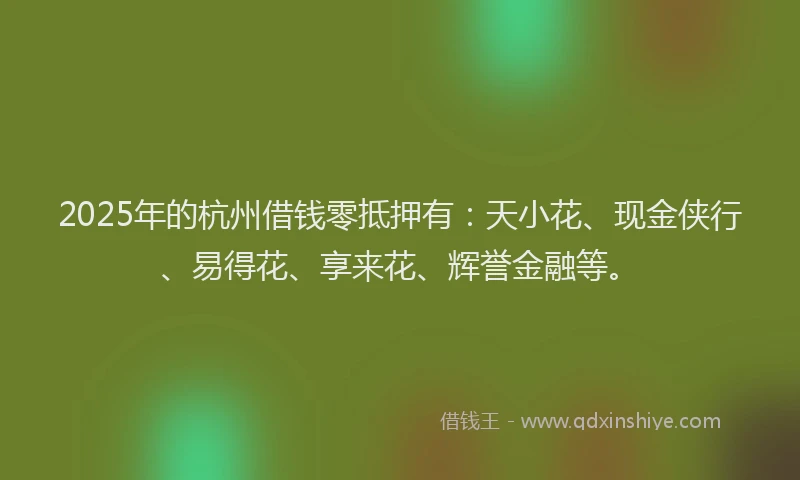 2025年的杭州借钱零抵押有：天小花、现金侠行、易得花、享来花、辉誉金融等。