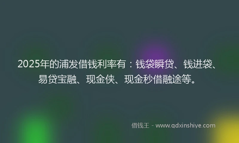 2025年的浦发借钱利率有：钱袋瞬贷、钱进袋、易贷宝融、现金侠、现金秒借融途等。