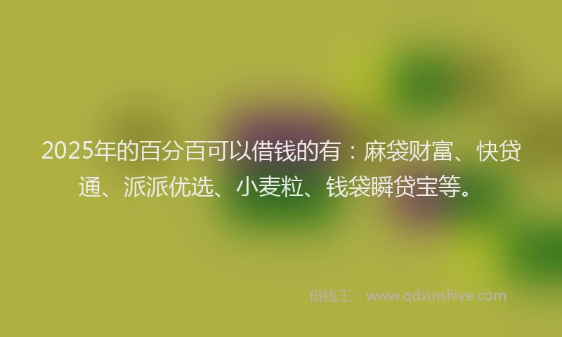 2025年的百分百可以借钱的有：麻袋财富、快贷通、派派优选、小麦粒、钱袋瞬贷宝等。