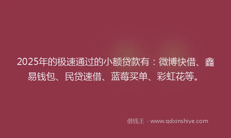 2025年的极速通过的小额贷款有：微博快借、鑫易钱包、民贷速借、蓝莓买单、彩虹花等。