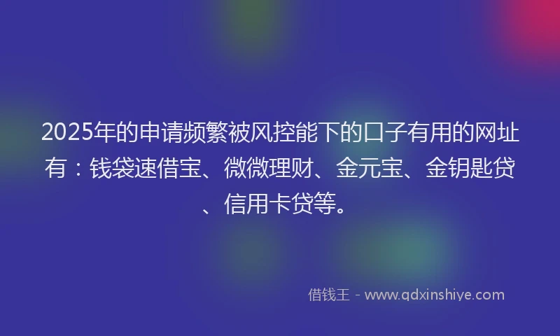 2025年的申请频繁被风控能下的口子有用的网址有：钱袋速借宝、微微理财、金元宝、金钥匙贷、信用卡贷等。
