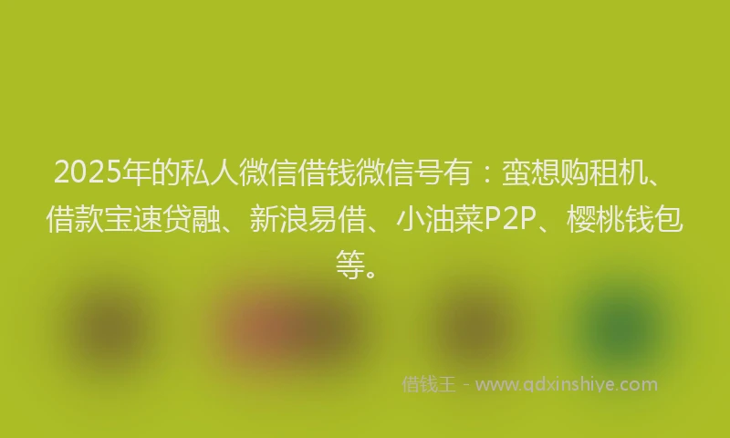 2025年的私人微信借钱微信号有：蛮想购租机、借款宝速贷融、新浪易借、小油菜P2P、樱桃钱包等。