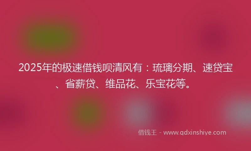 2025年的极速借钱呗清风有：琉璃分期、速贷宝、省薪贷、维品花、乐宝花等。