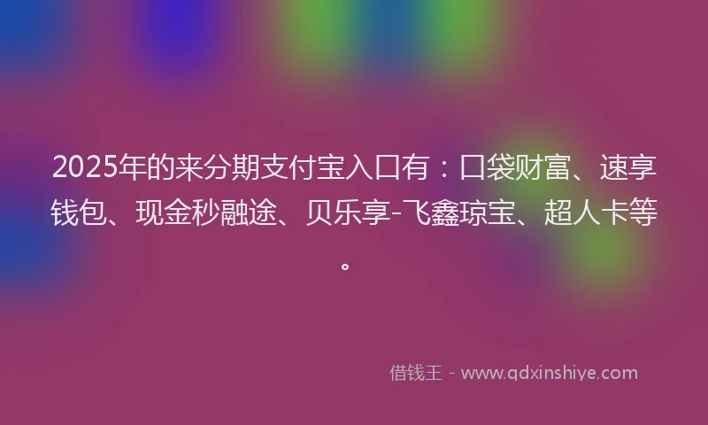 2025年的来分期支付宝入口有：口袋财富、速享钱包、现金秒融途、贝乐享-飞鑫琼宝、超人卡等。