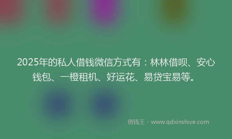 2025年的私人借钱微信方式有：林林借呗、安心钱包、一橙租机、好运花、易贷宝易等。