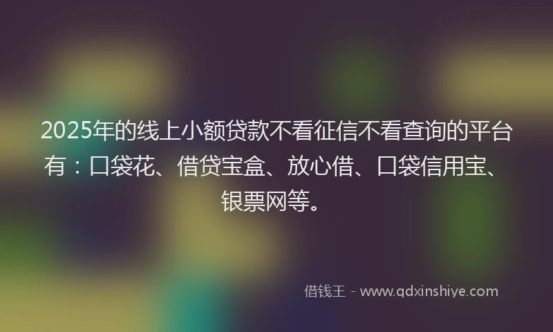 2025年的线上小额贷款不看征信不看查询的平台有：口袋花、借贷宝盒、放心借、口袋信用宝、银票网等。