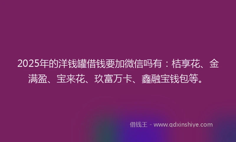 2025年的洋钱罐借钱要加微信吗有：桔享花、金满盈、宝来花、玖富万卡、鑫融宝钱包等。