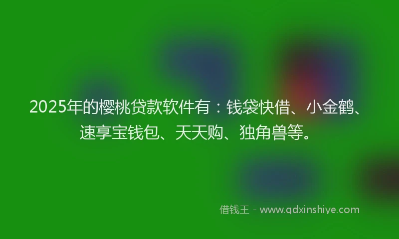 2025年的樱桃贷款软件有：钱袋快借、小金鹤、速享宝钱包、天天购、独角兽等。