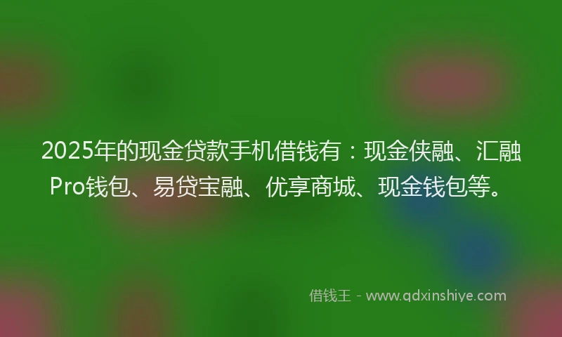 2025年的现金贷款手机借钱有：现金侠融、汇融Pro钱包、易贷宝融、优享商城、现金钱包等。