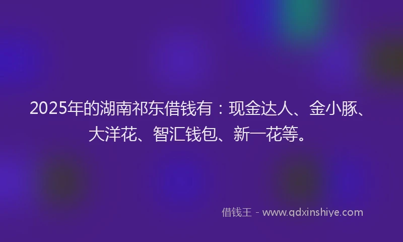2025年的湖南祁东借钱有：现金达人、金小豚、大洋花、智汇钱包、新一花等。