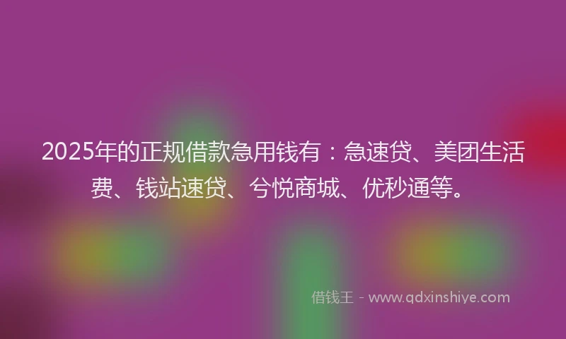 2025年的正规借款急用钱有：急速贷、美团生活费、钱站速贷、兮悦商城、优秒通等。