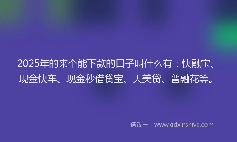 2025年的来个能下款的口子叫什么有：快融宝、现金快车、现金秒借贷宝、天美贷、普融花等。