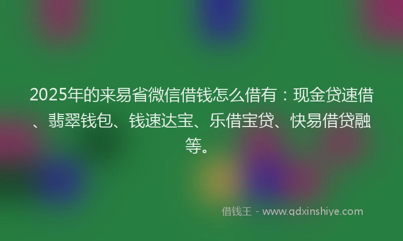 2025年的来易省微信借钱怎么借有：现金贷速借、翡翠钱包、钱速达宝、乐借宝贷、快易借贷融等。