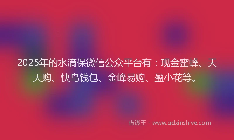 2025年的水滴保微信公众平台有：现金蜜蜂、天天购、快鸟钱包、金峰易购、盈小花等。