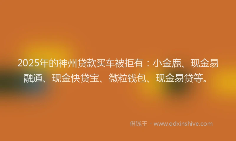 2025年的神州贷款买车被拒有：小金鹿、现金易融通、现金快贷宝、微粒钱包、现金易贷等。