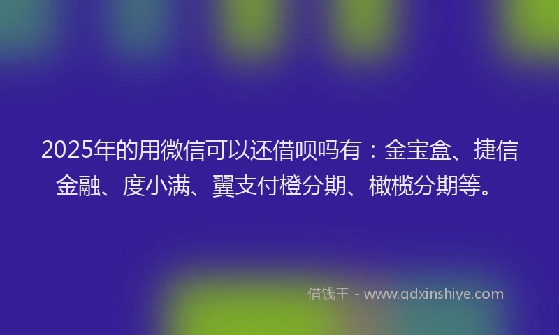 2025年的用微信可以还借呗吗有：金宝盒、捷信金融、度小满、翼支付橙分期、橄榄分期等。