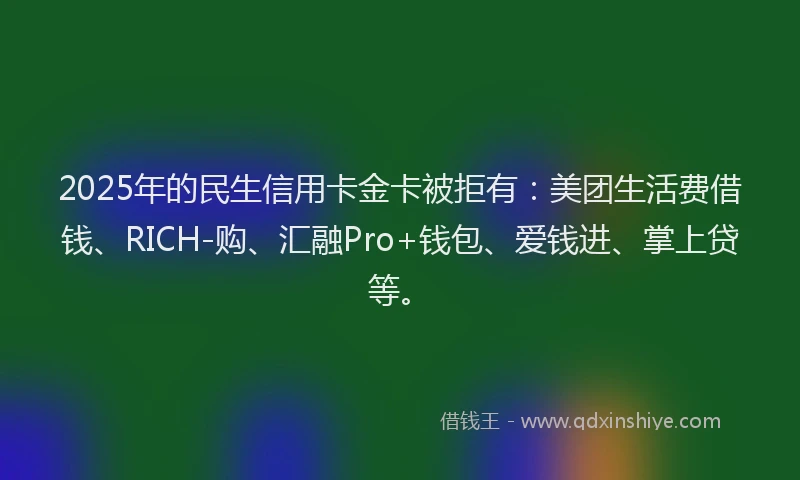 2025年的民生信用卡金卡被拒有：美团生活费借钱、RICH-购、汇融Pro+钱包、爱钱进、掌上贷等。