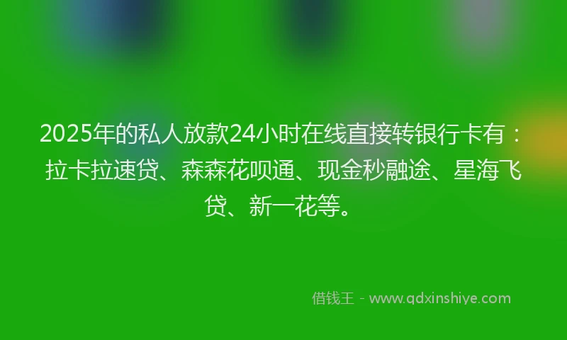 2025年的私人放款24小时在线直接转银行卡有：拉卡拉速贷、森森花呗通、现金秒融途、星海飞贷、新一花等。