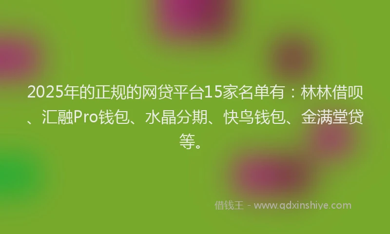 2025年的正规的网贷平台15家名单有：林林借呗、汇融Pro钱包、水晶分期、快鸟钱包、金满堂贷等。