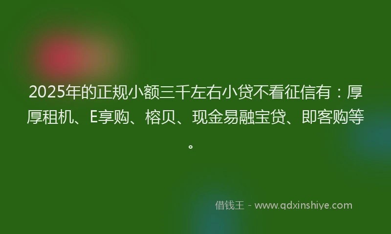 2025年的正规小额三千左右小贷不看征信有：厚厚租机、E享购、榕贝、现金易融宝贷、即客购等。