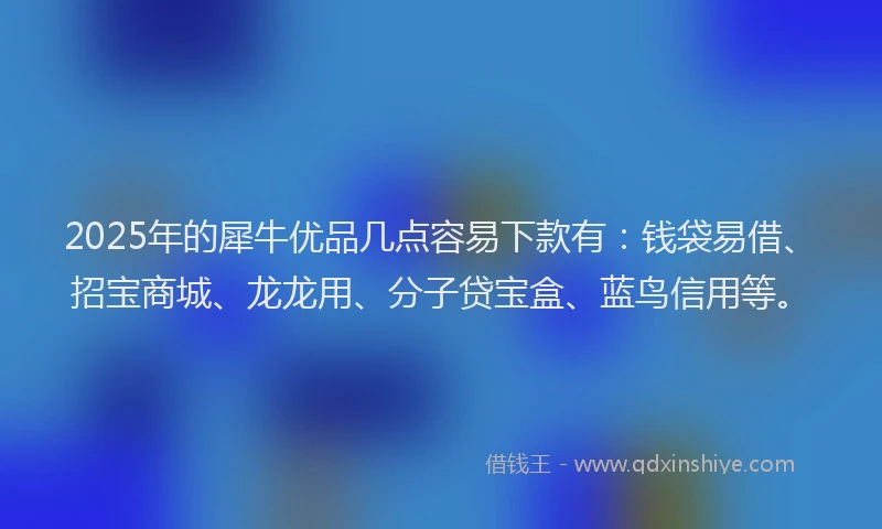 2025年的犀牛优品几点容易下款有：钱袋易借、招宝商城、龙龙用、分子贷宝盒、蓝鸟信用等。
