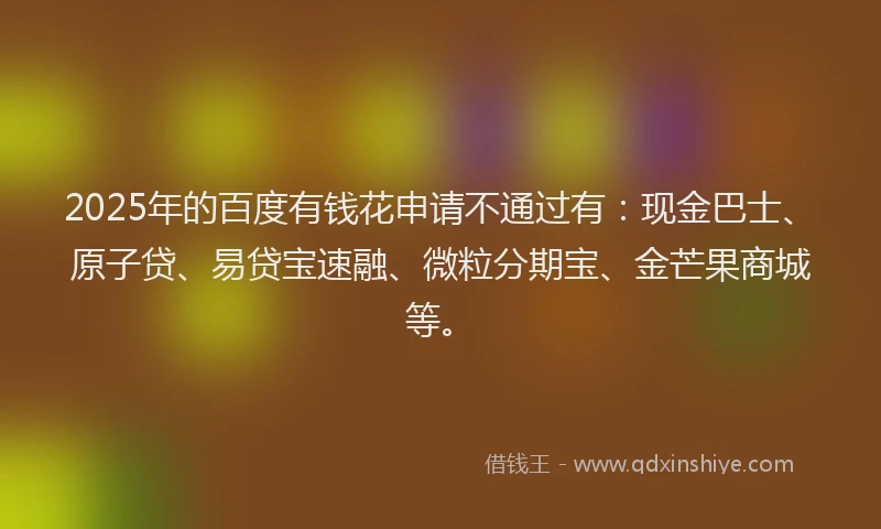 2025年的百度有钱花申请不通过有：现金巴士、原子贷、易贷宝速融、微粒分期宝、金芒果商城等。