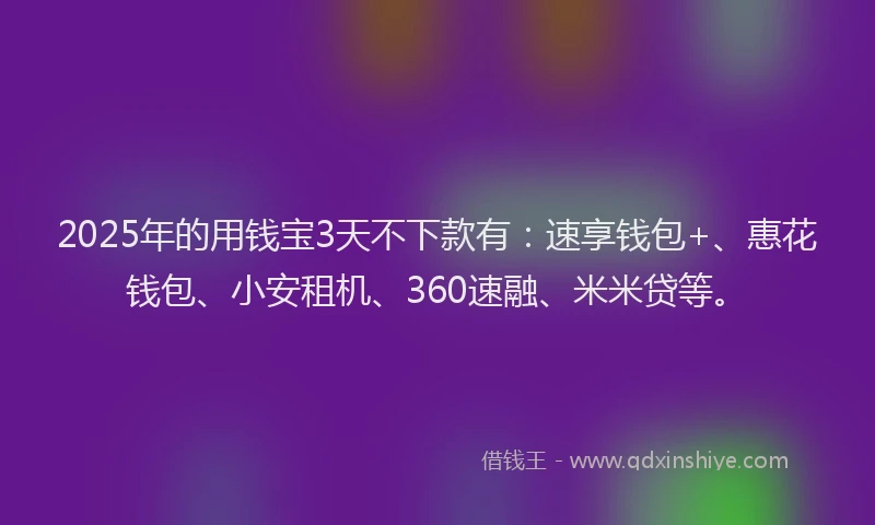 2025年的用钱宝3天不下款有：速享钱包+、惠花钱包、小安租机、360速融、米米贷等。