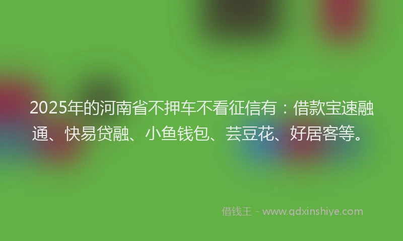 2025年的河南省不押车不看征信有：借款宝速融通、快易贷融、小鱼钱包、芸豆花、好居客等。
