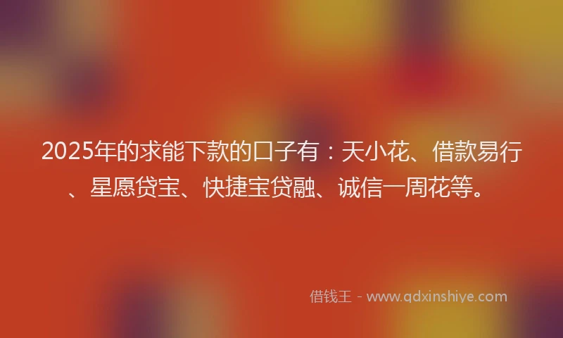 2025年的求能下款的口子有：天小花、借款易行、星愿贷宝、快捷宝贷融、诚信一周花等。